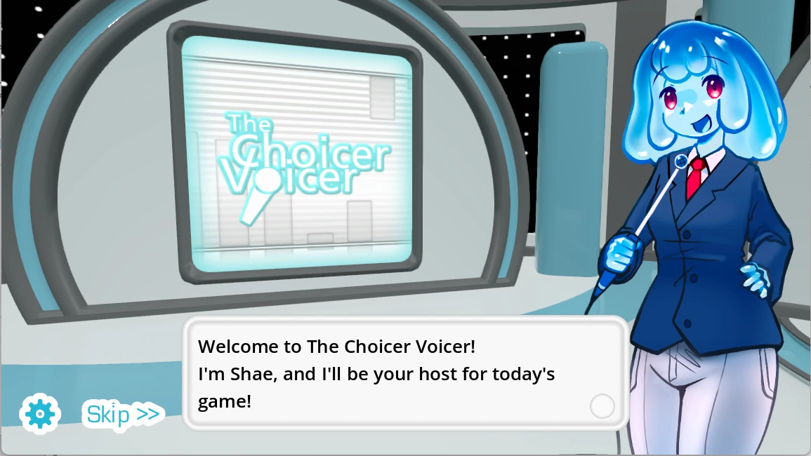 The Choicer Voicer host Shae welcoming the player to the studio