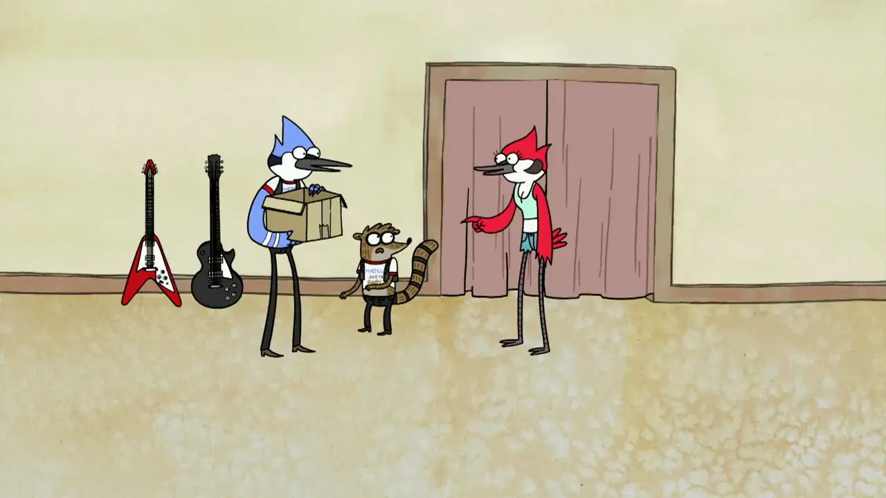 Regular Show scene with Mordecai, Rigby, and friends