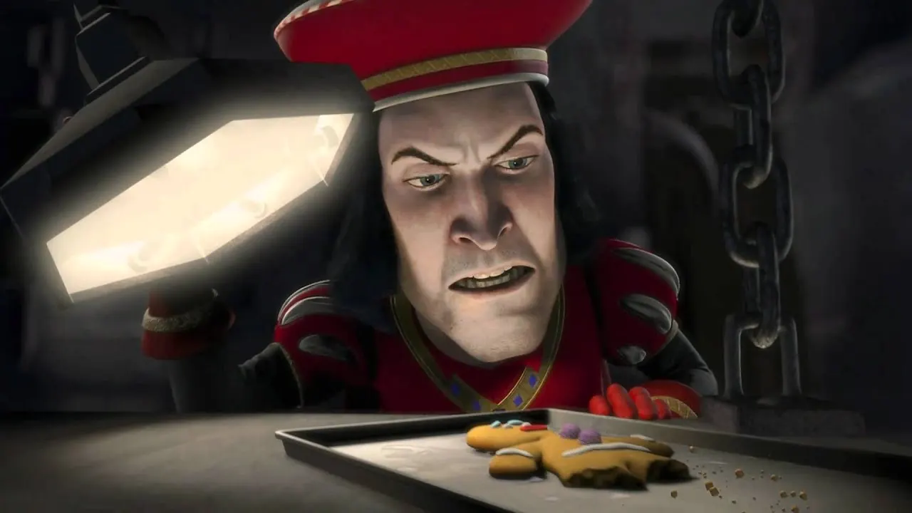 Lord Farquaad questioning Gingy in the Muffin Man scene
